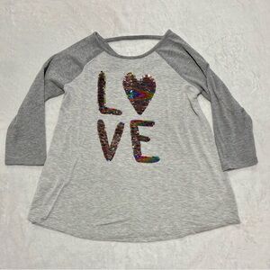 Justice Gray 3/4 Sleeve Tee with Sequin Love Design. In like new condition.